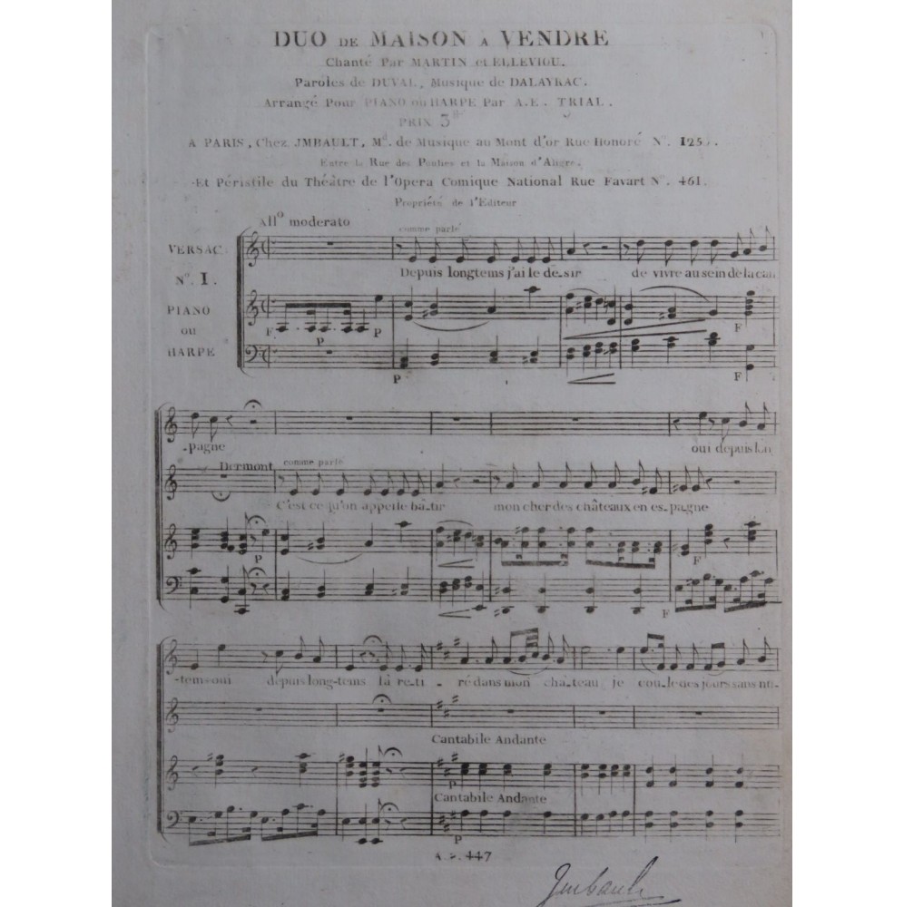 DALAYRAC Nicolas Maison à Vendre No 1 Chant Piano ou Harpe ca1800