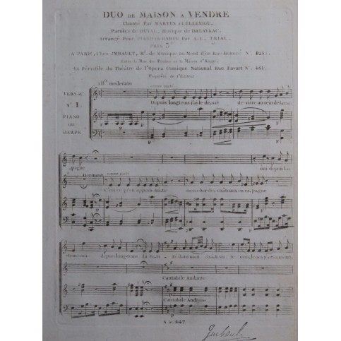 DALAYRAC Nicolas Maison à Vendre No 1 Chant Piano ou Harpe ca1800
