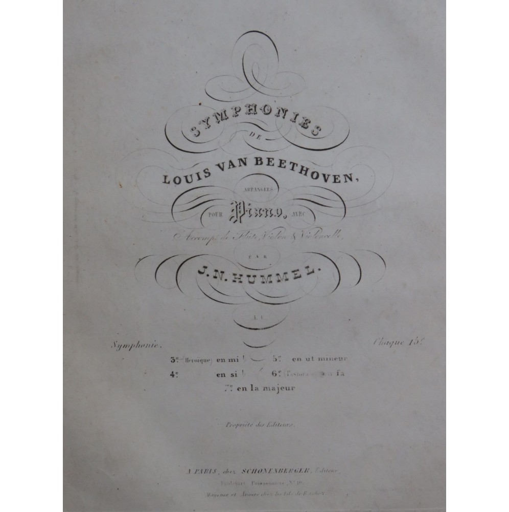 HUMMEL J. N. Symphonie No 7 Beethoven Violon ca1838