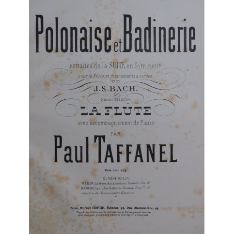 BACH J. S. Polonaise et Badinerie Suite Si mineur Piano Flûte XIXe