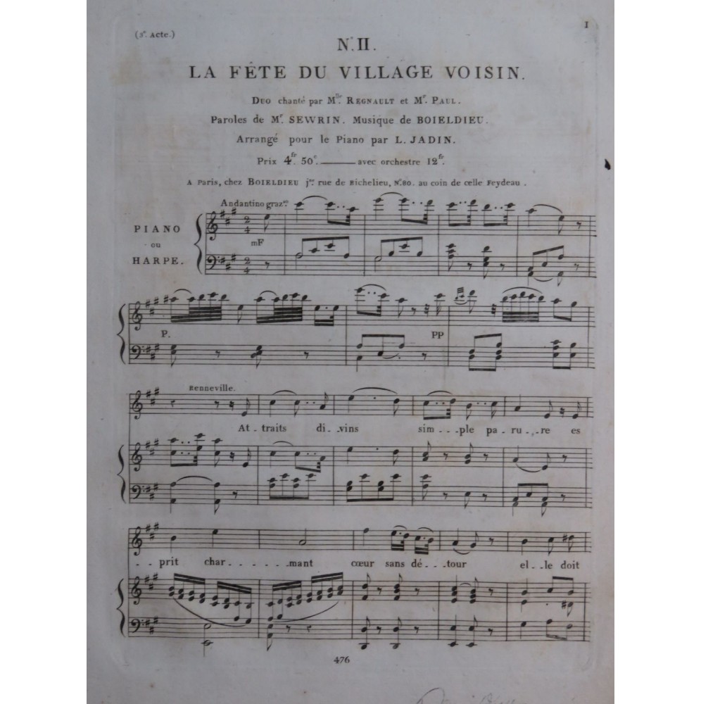 BOIELDIEU Adrien La Fête du Village Voisin No 2 Chant Piano ou Harpe ca1820