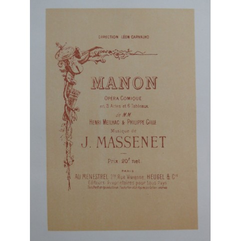 MASSENET Jules Manon Opéra Dédicace Chant Piano 1895