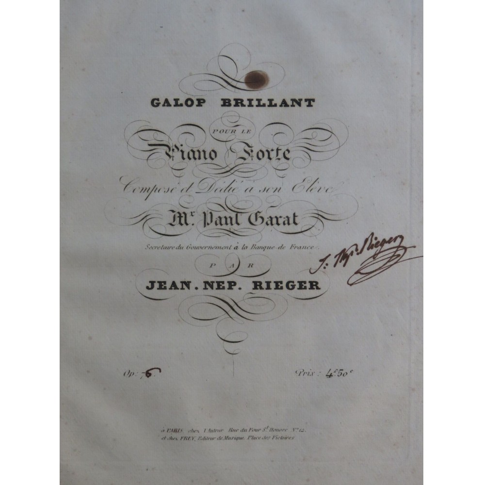 RIEGER Jean-Népomucène Galop Brillant op 76 Signature Piano ca1820