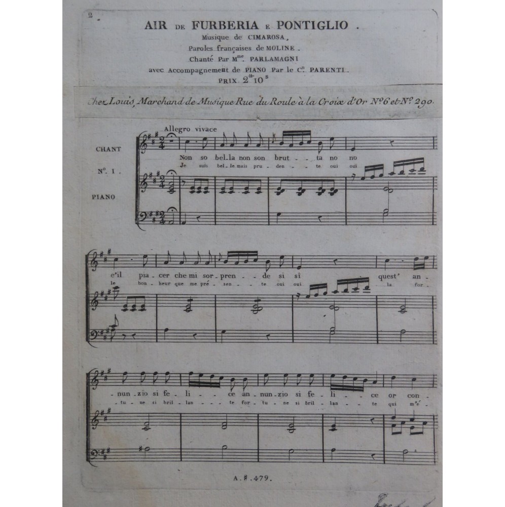 CIMAROSA Domenico Furberia e Pontiglio No 1 Chant Piano ca1800