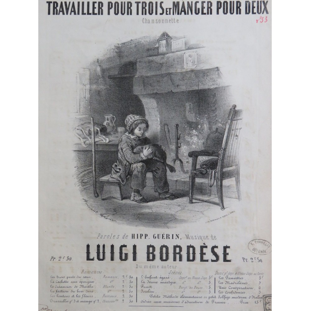 BORDÈSE Luigi Travailler pour trois et Manger pour deux Chant Piano ca1853
