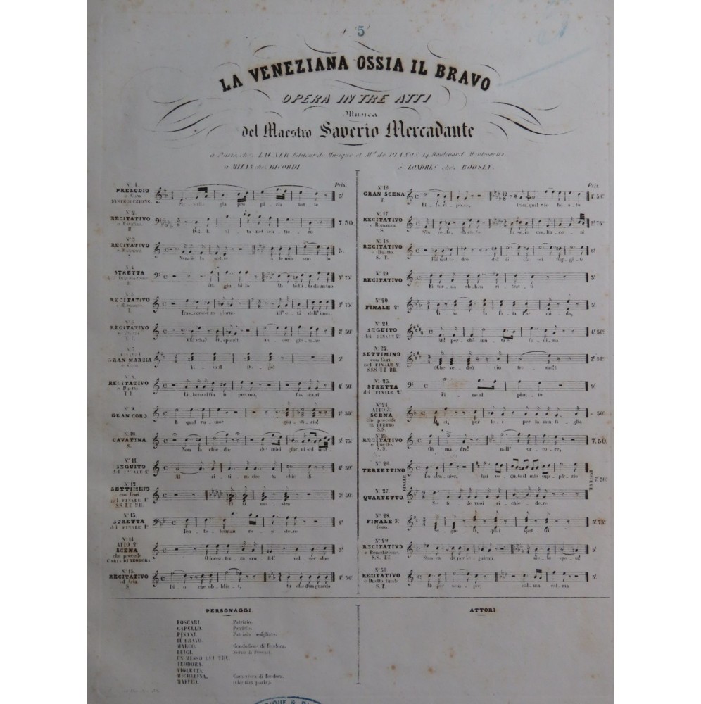 MERCADANTE Saverio Il Bravo No 5 Chant Piano ca1845