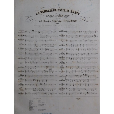 MERCADANTE Saverio Il Bravo No 5 Chant Piano ca1845