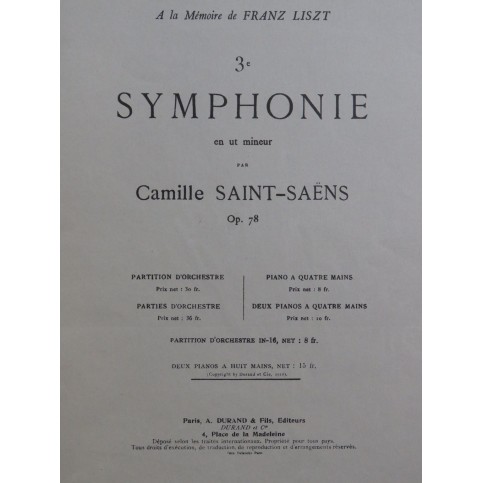 SAINT-SAËNS Camille Symphonie No 3 op 78 2 Pianos 8 mains 1910