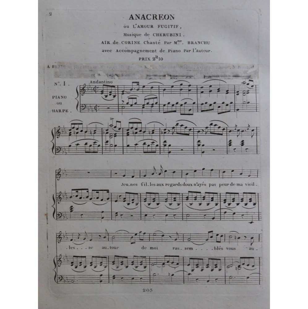 CHERUBINI Luigi Anacreon No 1 Chant Piano ou Harpe ca1820