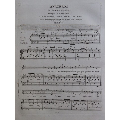 CHERUBINI Luigi Anacreon No 1 Chant Piano ou Harpe ca1820
