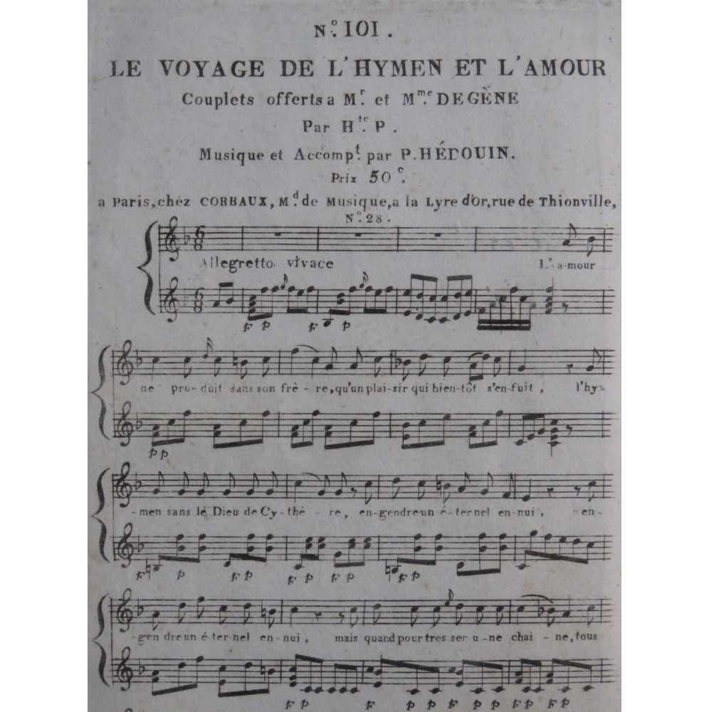 Hédouin P. Le Voyage de l'Hymen et l'Amour Chant Guitare ca1820
