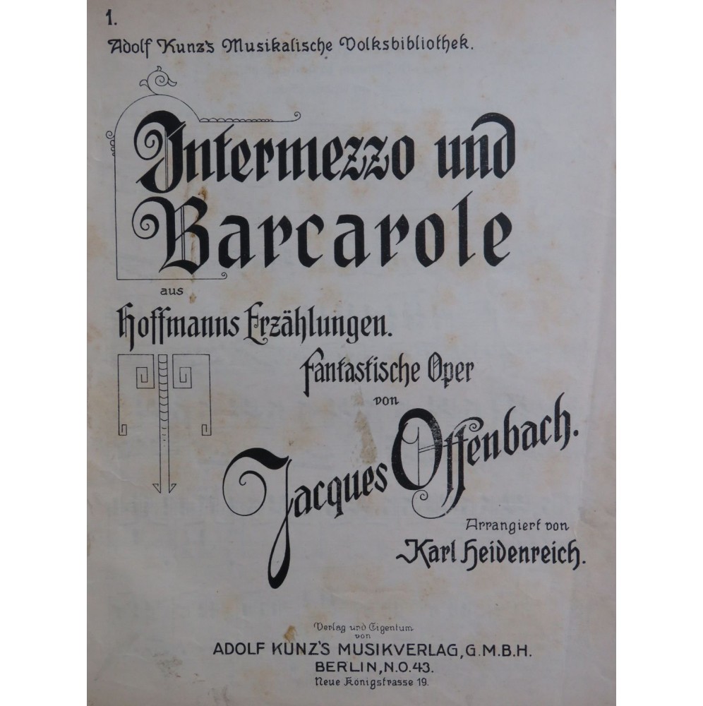 OFFENBACH Jacques Intermezzo und Barcarole Piano ca1900