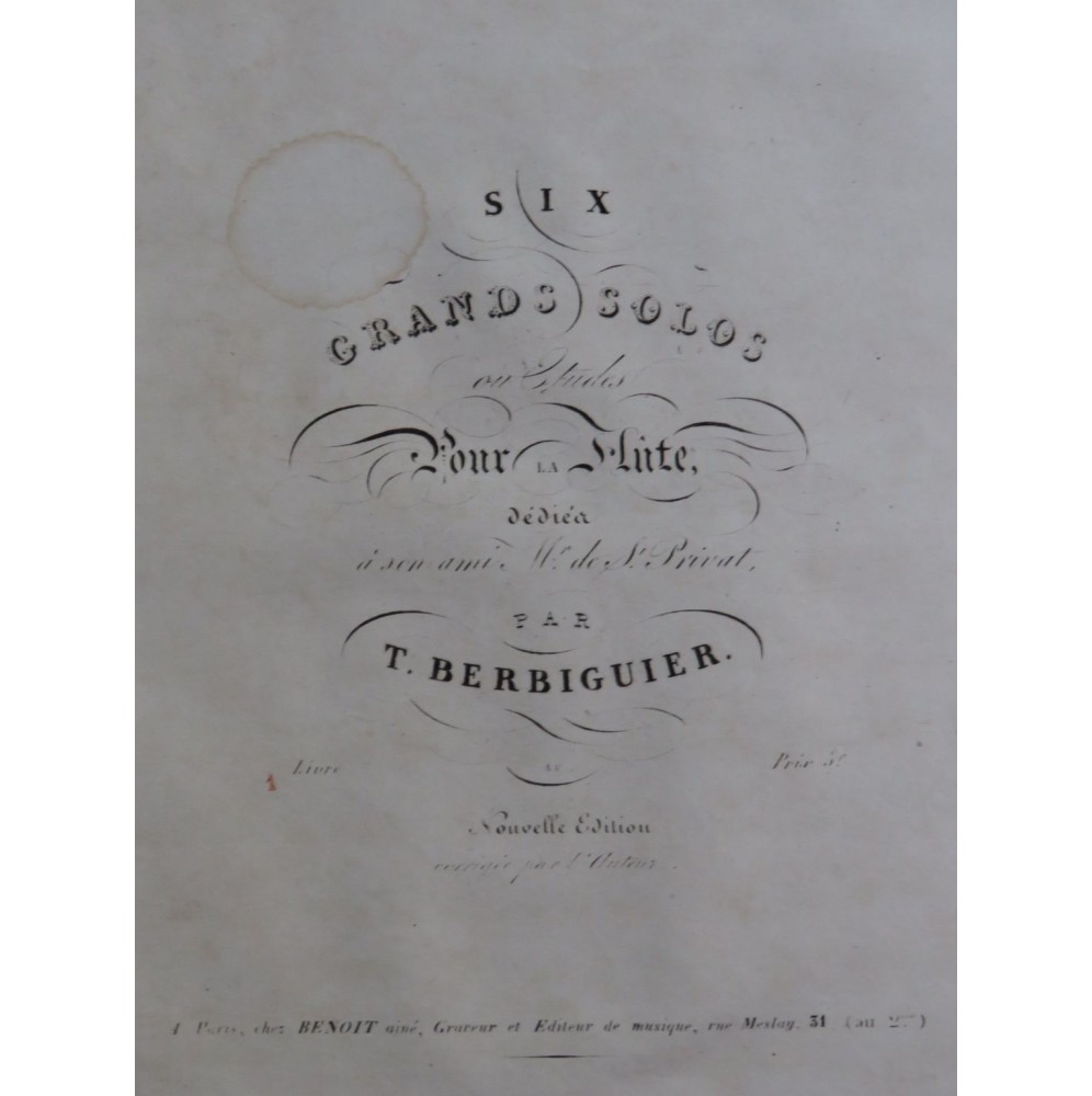 BERBIGUIER Tranquille Six Grands Solo 1ère Partie Flûte ca1820