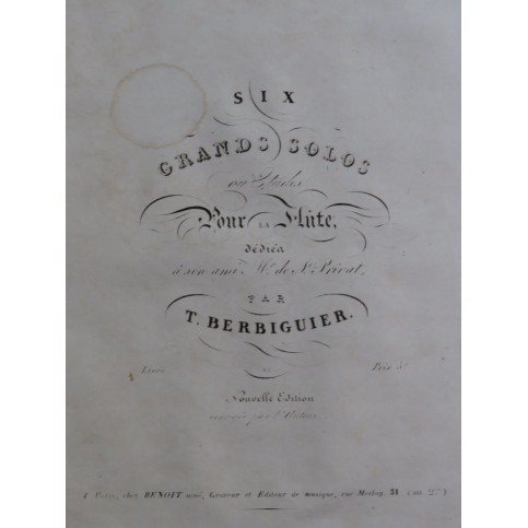 BERBIGUIER Tranquille Six Grands Solo 1ère Partie Flûte ca1820
