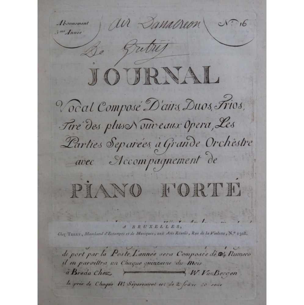 GRÉTRY André Anacréon chez Polycrate Air Chant Piano ca1800