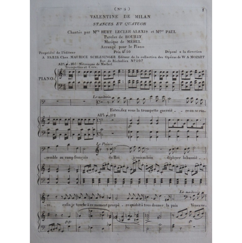 MÉHUL Valentine de Milan No 5 Chant Piano 1822