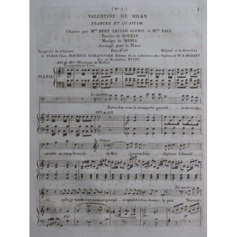MÉHUL Valentine de Milan No 5 Chant Piano 1822
