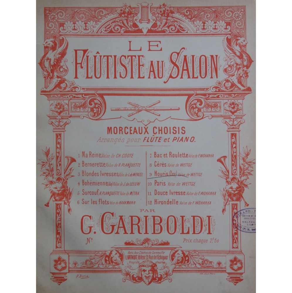 WETTGE G. Les Houris Grande Valse Piano Flûte ca1890