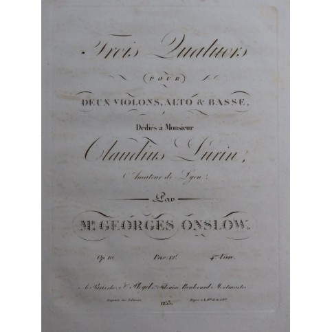 ONSLOW George Trois Quatuors op 10 Violoncelle ca1820