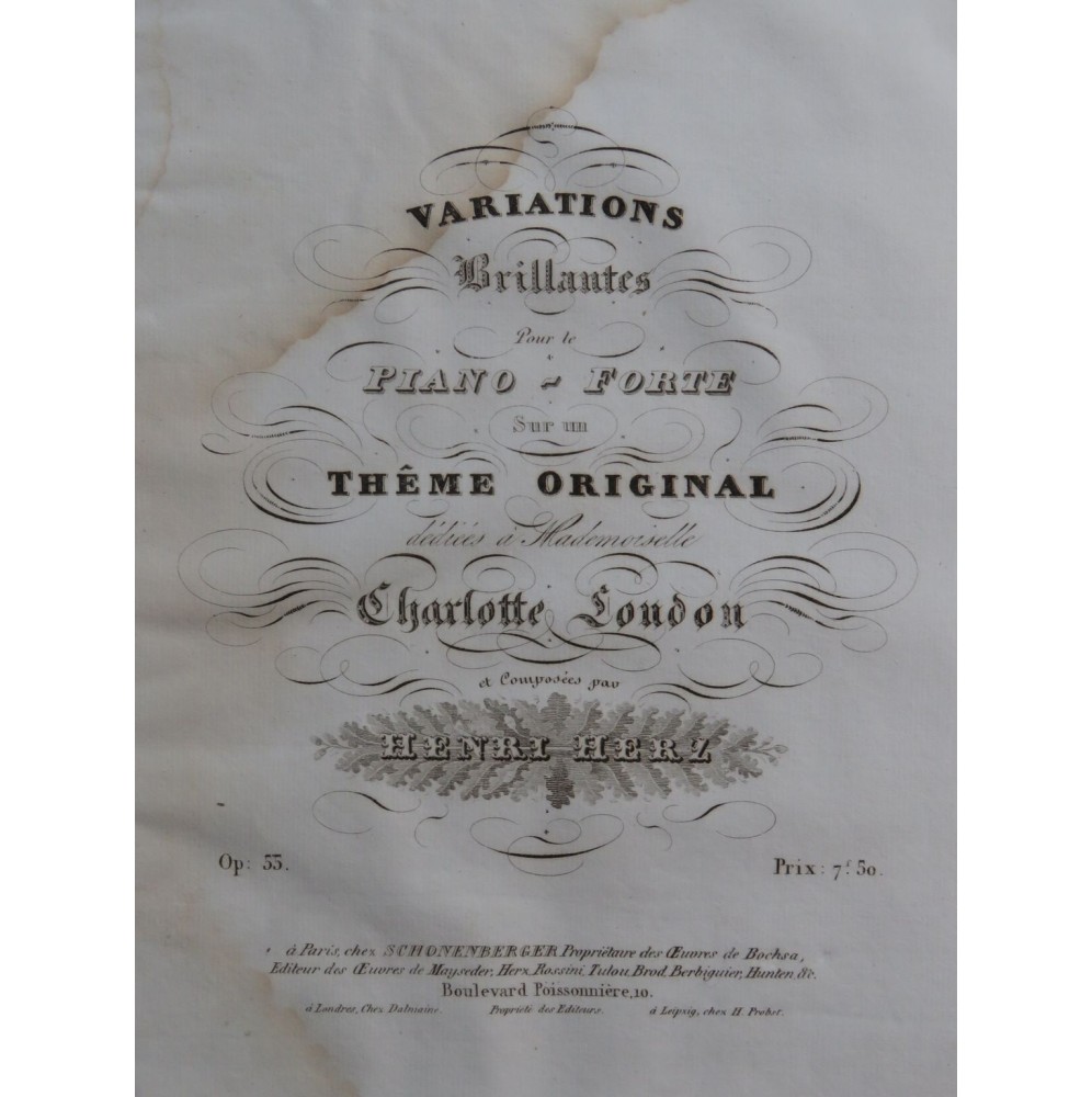 HERZ Henri Variations Brillantes op 55 Piano ca1830