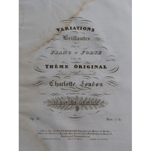 HERZ Henri Variations Brillantes op 55 Piano ca1830