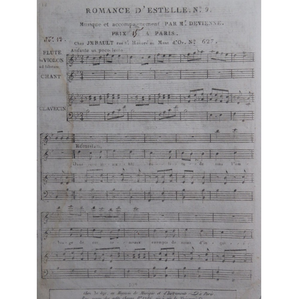 DEVIENNE François Romance d'Estelle No 9 Chant Clavecin Flûte ca1790