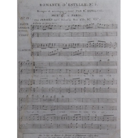DEVIENNE François Romance d'Estelle No 9 Chant Clavecin Flûte ca1790
