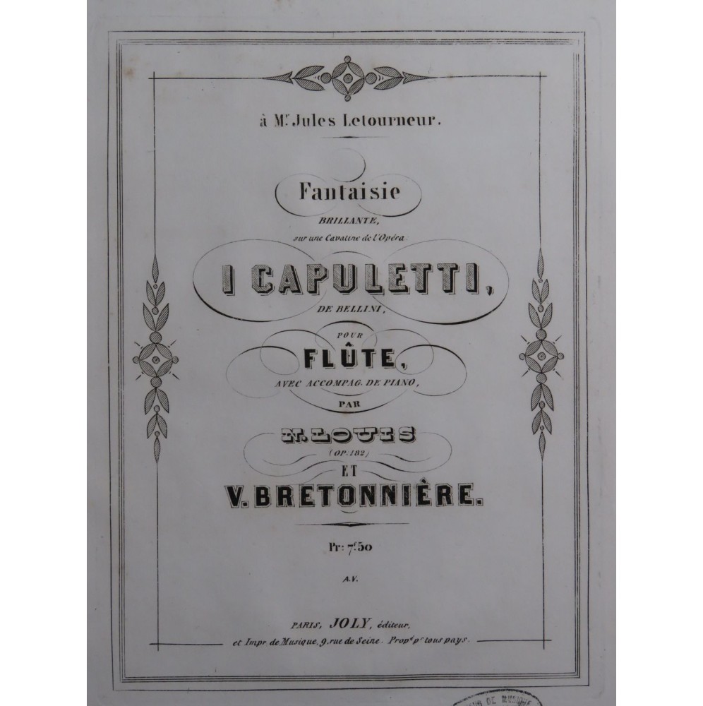 LOUIS N. BRETONNIÈRE V. Fantaisie I Capuletti Flûte Piano ca1850