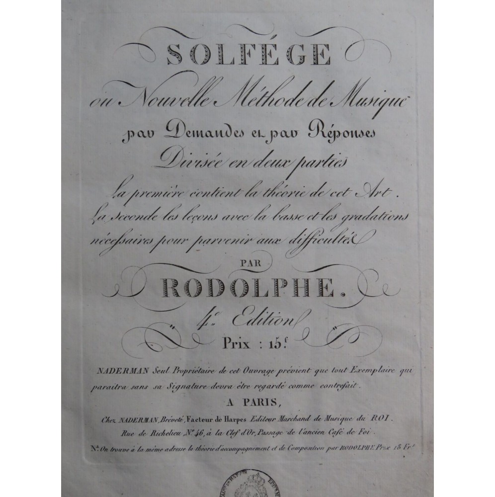 RODOLPHE Solfège ou Nouvelle Méthode de Musique ca1810