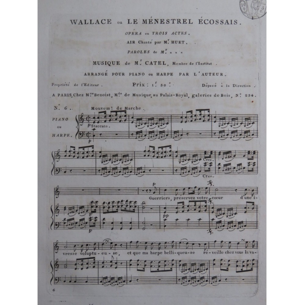 CATEL Ch. S. Wallace ou Le Ménestrel Ecossais No 6 Chant Piano ou Harpe ca1810