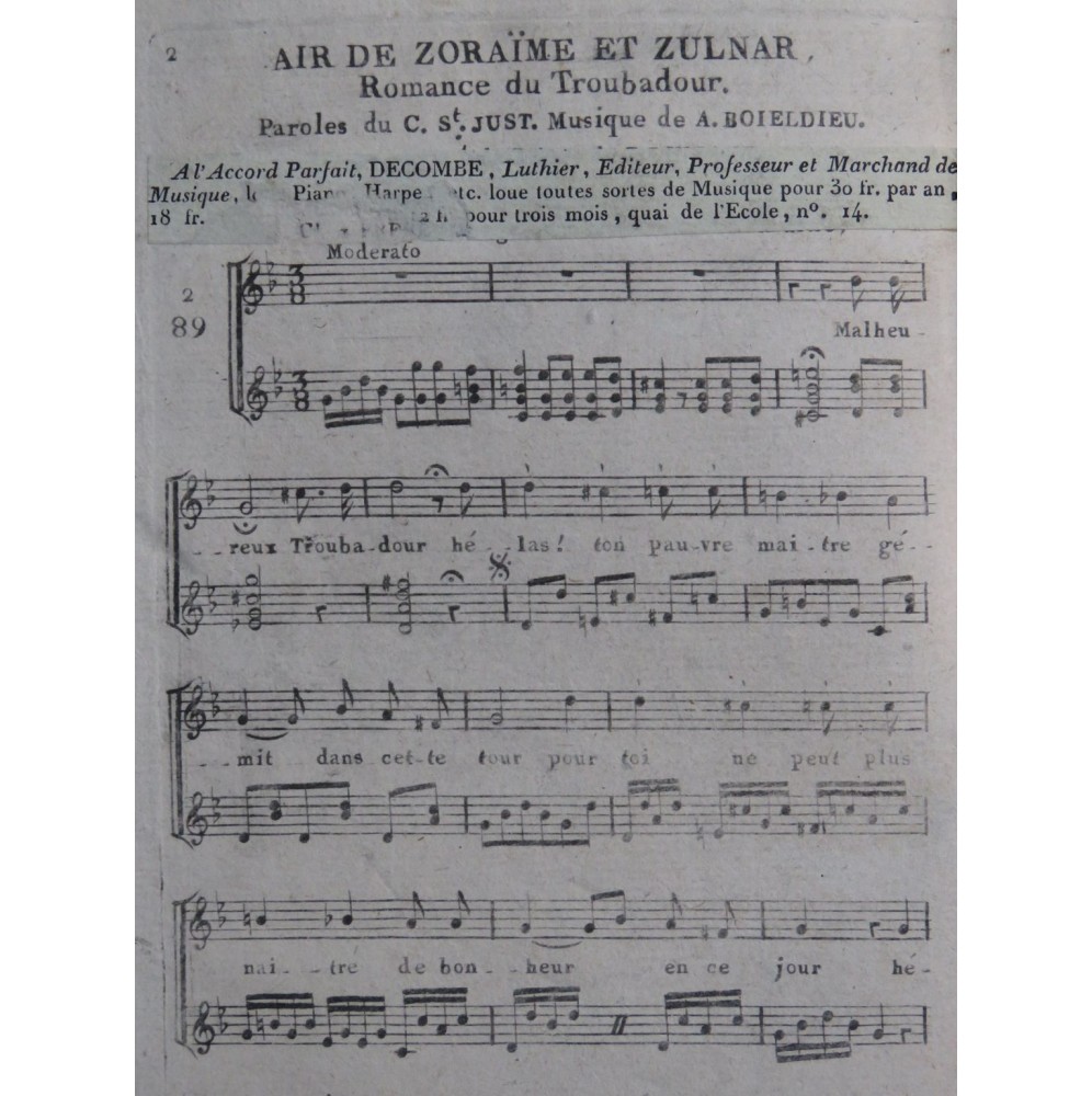 BOIELDIEU Adrien Zoraïme et Zulnar Air Chant Guitare ca1820
