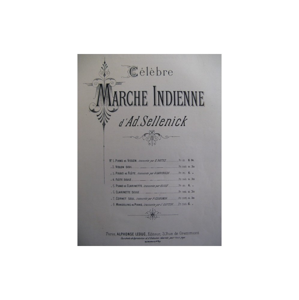 SELLENICK Ad. Marche Indienne Flute Piano 1883