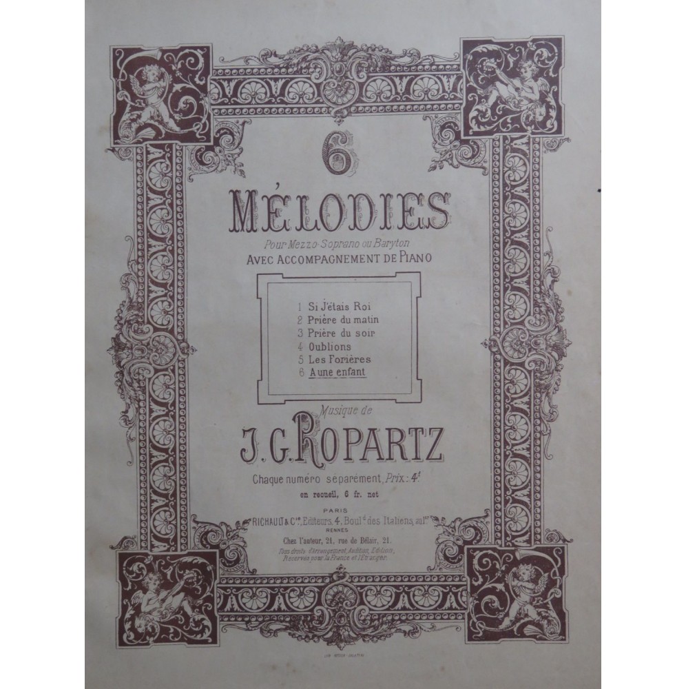 ROPARTZ Joseph Guy A une Enfant op 13 Chant Piano XIXe