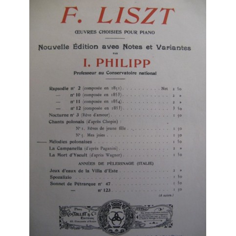 LISZT Franz Mélodies Polonaises Piano 1917