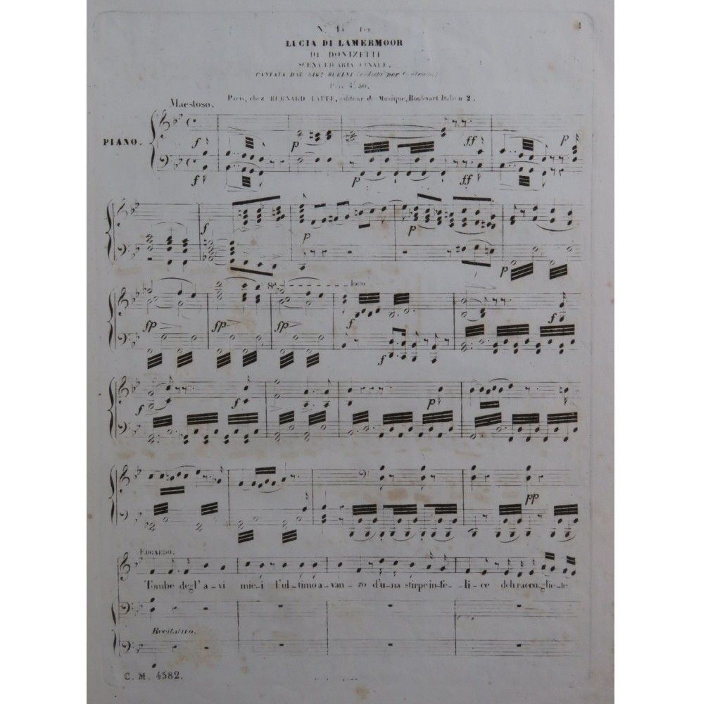 DONIZETTI G. Lucia di Lamermoor No 14 Chant Piano ca1860