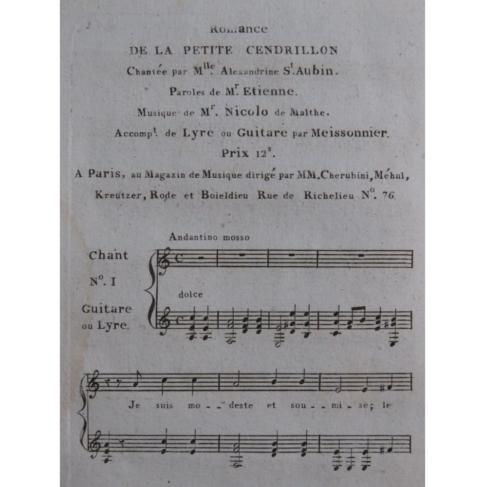 ISOUARD Nicolo Cendrillon No 1 Chant Guitare ca1810