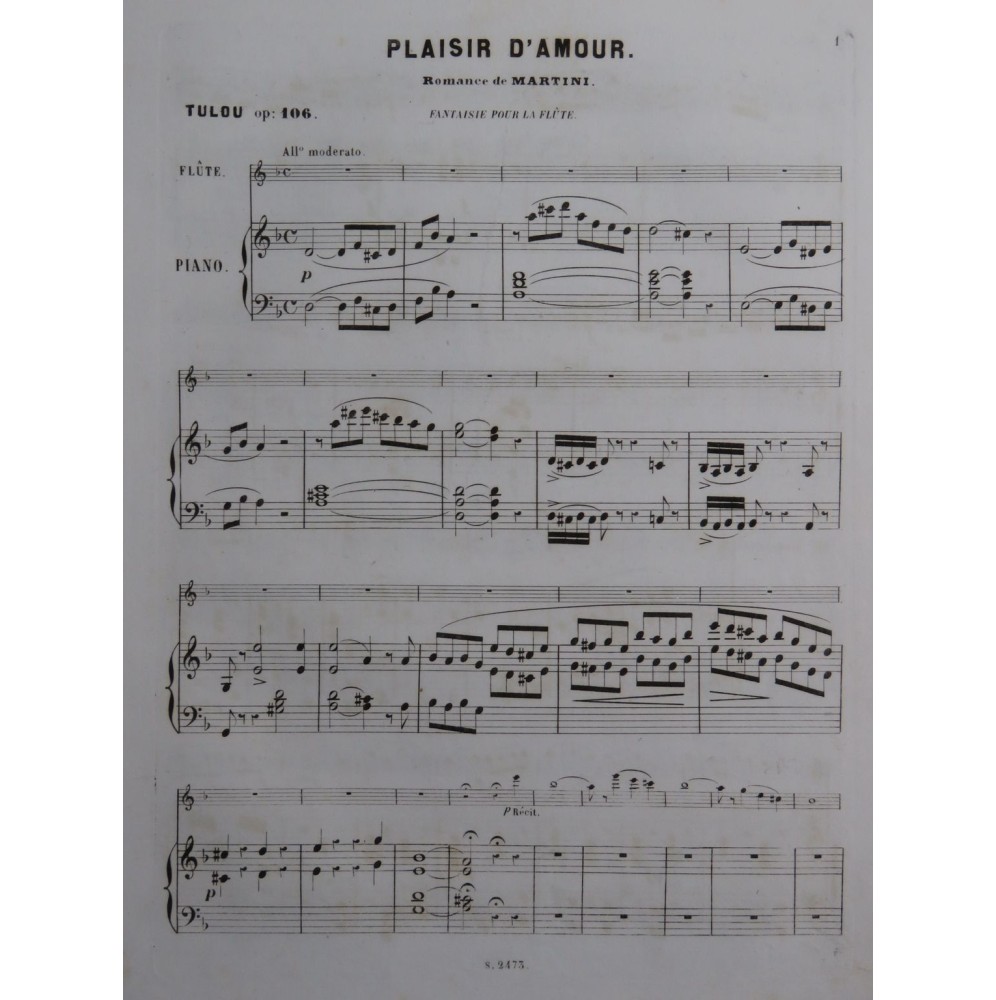 TULOU Jean-Louis Fantaisie sur Plaisir d'Amour Martini Piano Flûte ca1860