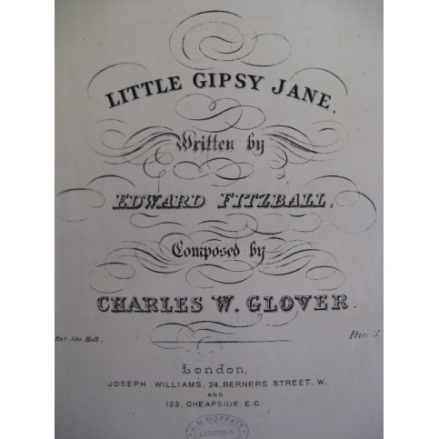 GLOVER Charles William Little Gipsy Jane Chant Piano XIXe