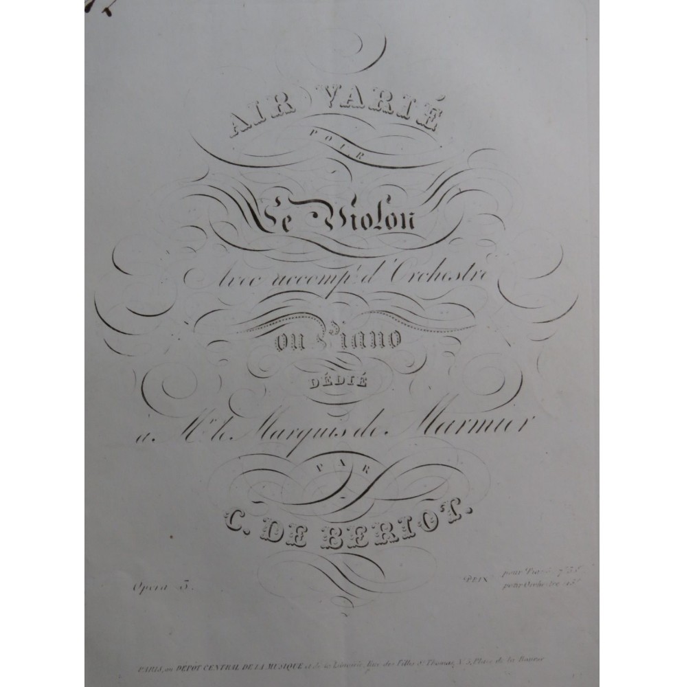 DE BÉRIOT Charles Air Varié op 3 Violon Piano ca1830