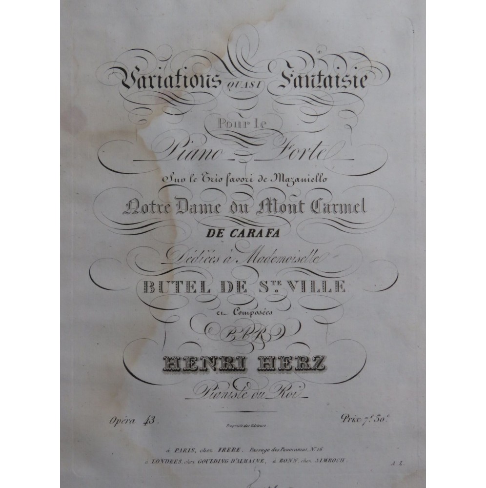 HERZ Henri Variations quasi Fantaisie op 43 Piano 1828