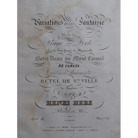 HERZ Henri Variations quasi Fantaisie op 43 Piano 1828