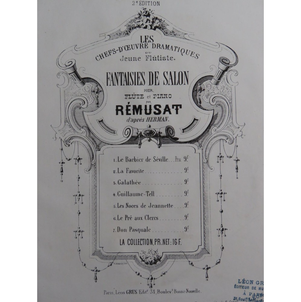 RÉMUSAT Jean Fantaisie sur Le Pré aux Clercs Piano Flûte ca1864