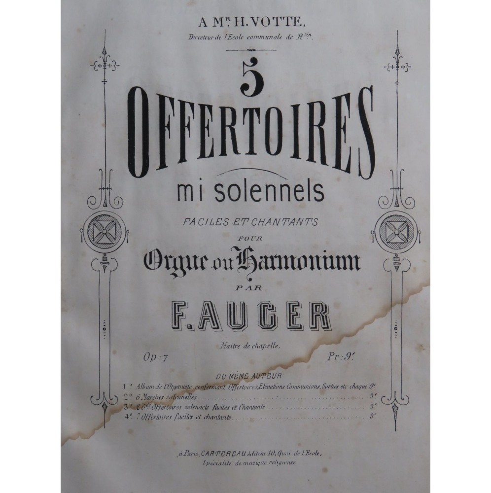 AUGER F. Cinq Offertoires op 7 Orgue ou Harmonium ca1860
