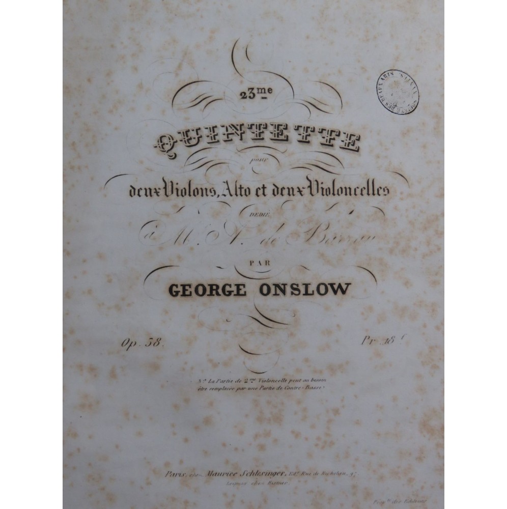 ONSLOW George Quintette No 23 op 58 Violon Alto Violoncelle ca1838