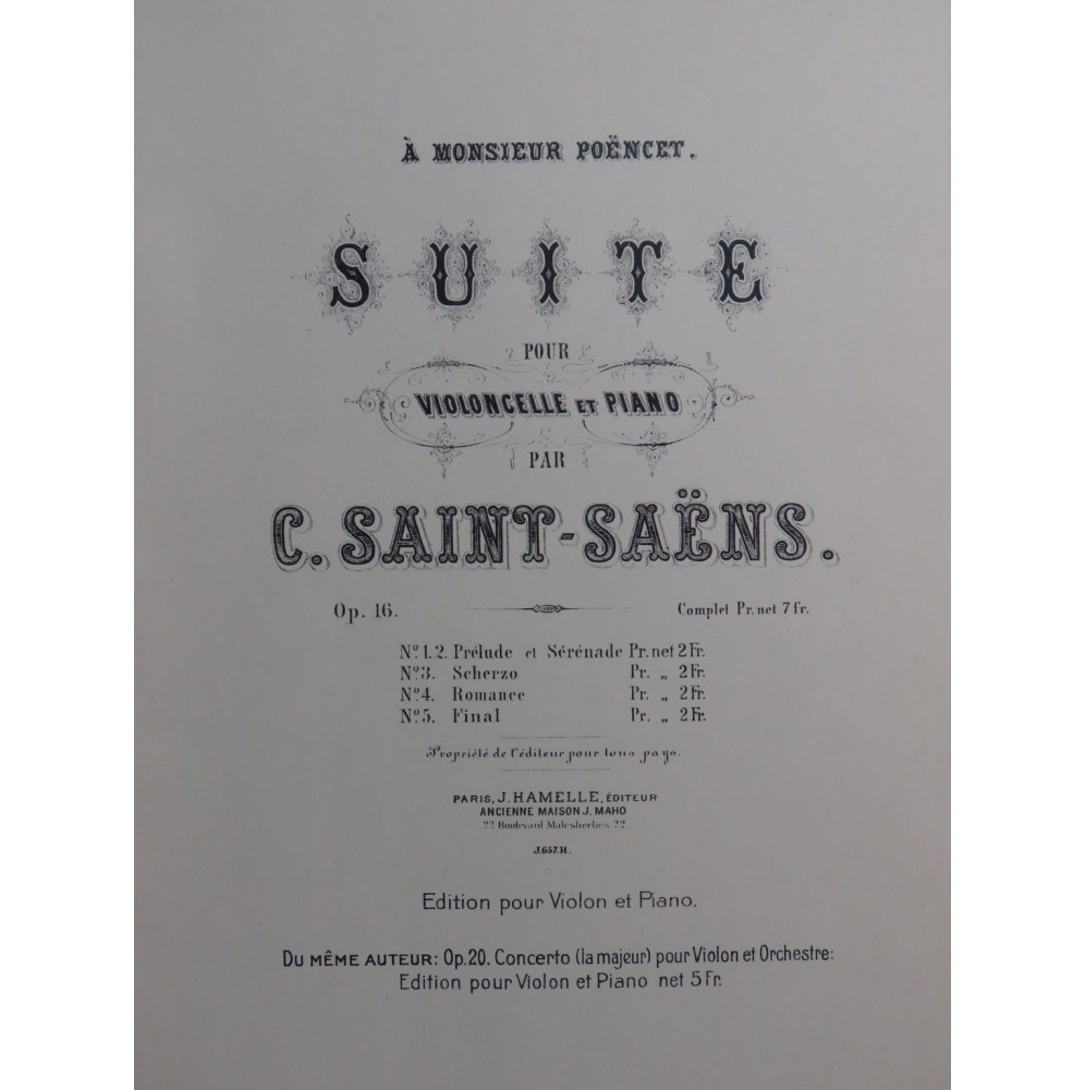 SAINT-SAËNS Camille Suite op 16 Piano Violoncelle
