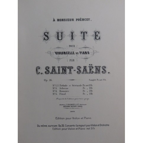SAINT-SAËNS Camille Suite op 16 Piano Violoncelle