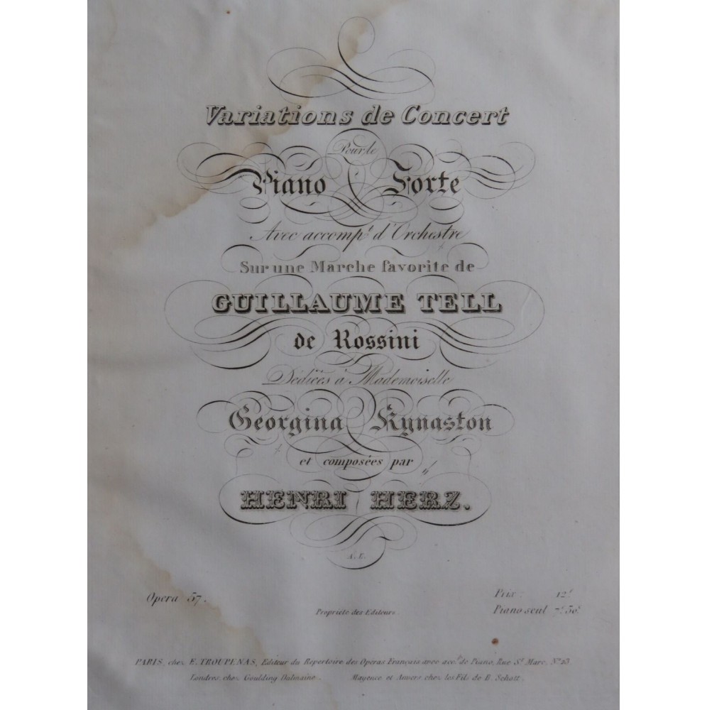 HERZ Henri Variations sur Guillaume Tell op 57 Piano ca1831