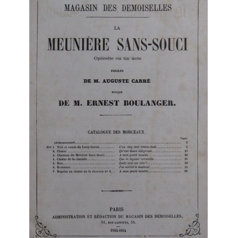 BOULANGER Ernest La Meunière Sans-Souci Opérette Chant Piano 1864