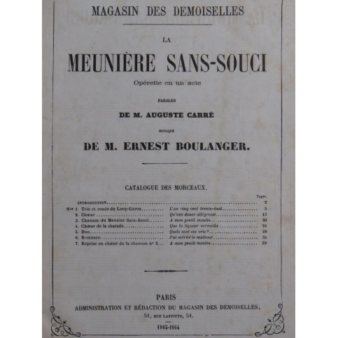 BOULANGER Ernest La Meunière Sans-Souci Opérette Chant Piano 1864