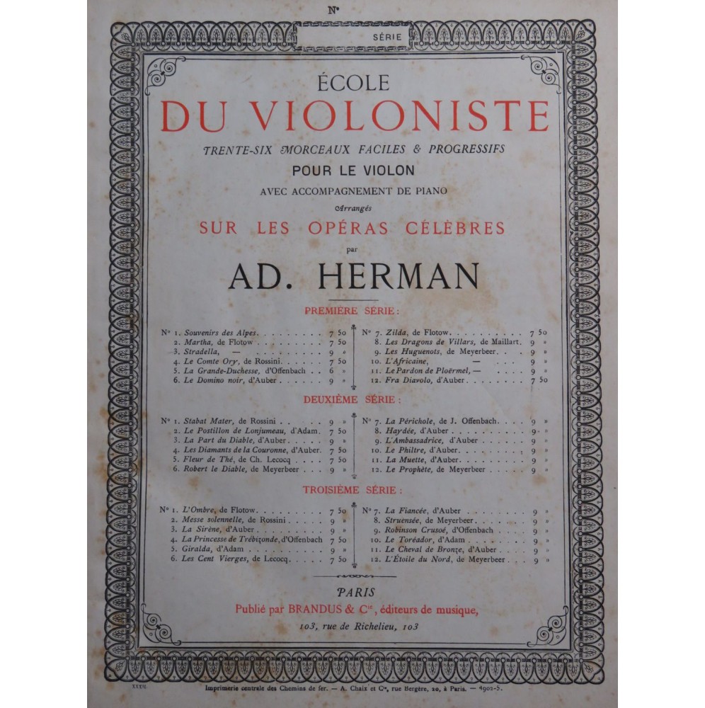 HERMAN Adolphe Andante et Tarentelle Stradella Flotow Piano Violon ca1862
